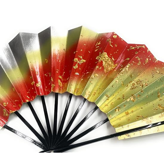 Asakusa Kimono Market Dance Fan, Enamel Base with Holographic Kirihaku (Gold/Silver Leaf), Black Lac