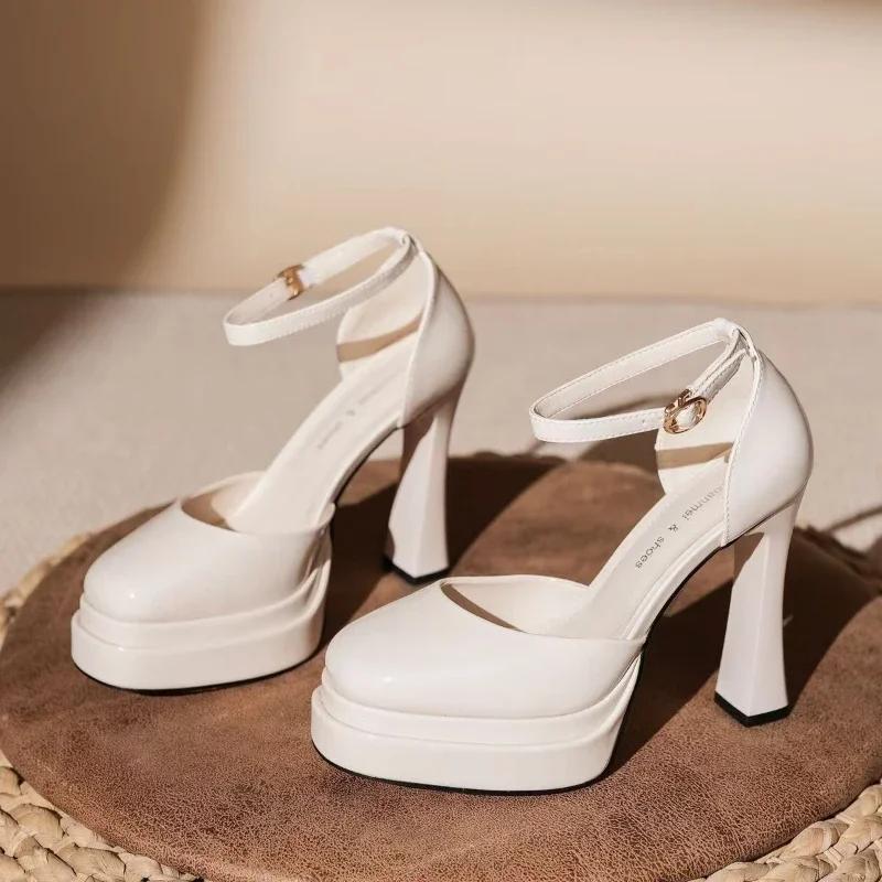 Fashion Women's Super High Heels Pointed Tip Thick Heel Ankle Strap Platform Heels Side Cutout Sexy Wedding Banquet Sandalias De Mujer