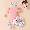 Summer Baby Girl Floral Outfit: Lettered Flutter Sleeve Bodysuit & Bowknot Flower Shorts Set