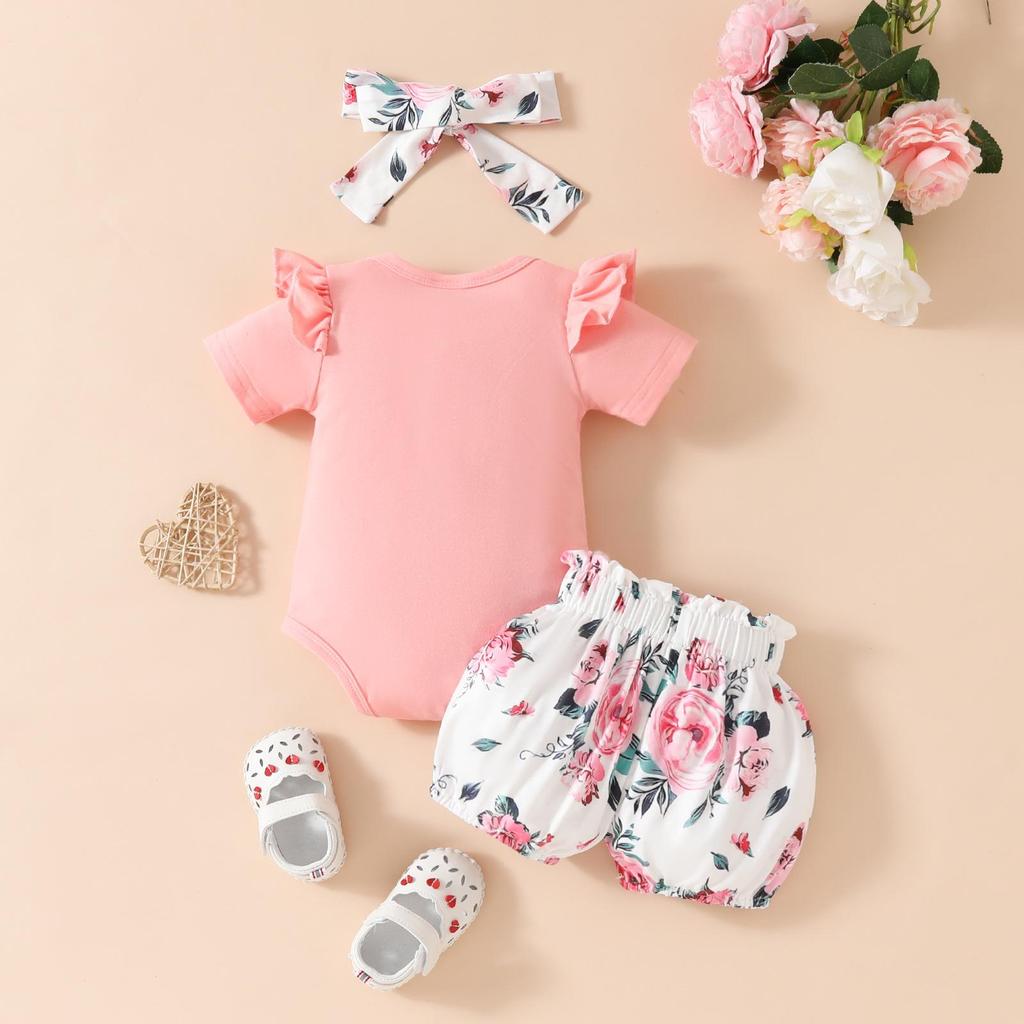 Summer Baby Girl Floral Outfit: Lettered Flutter Sleeve Bodysuit & Bowknot Flower Shorts Set