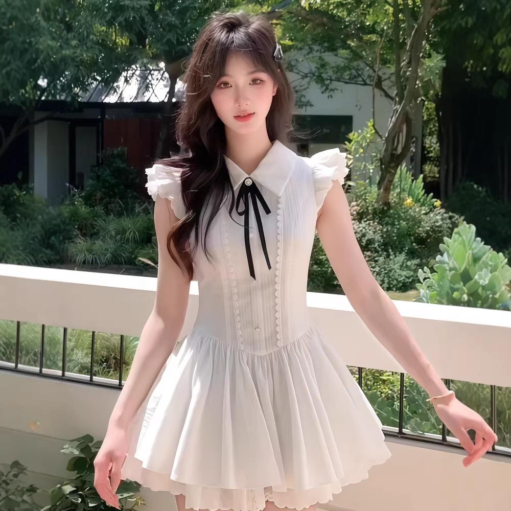 Sense bow lace-up niche non-collision dress women's gentle wind lace splicing slim skirt