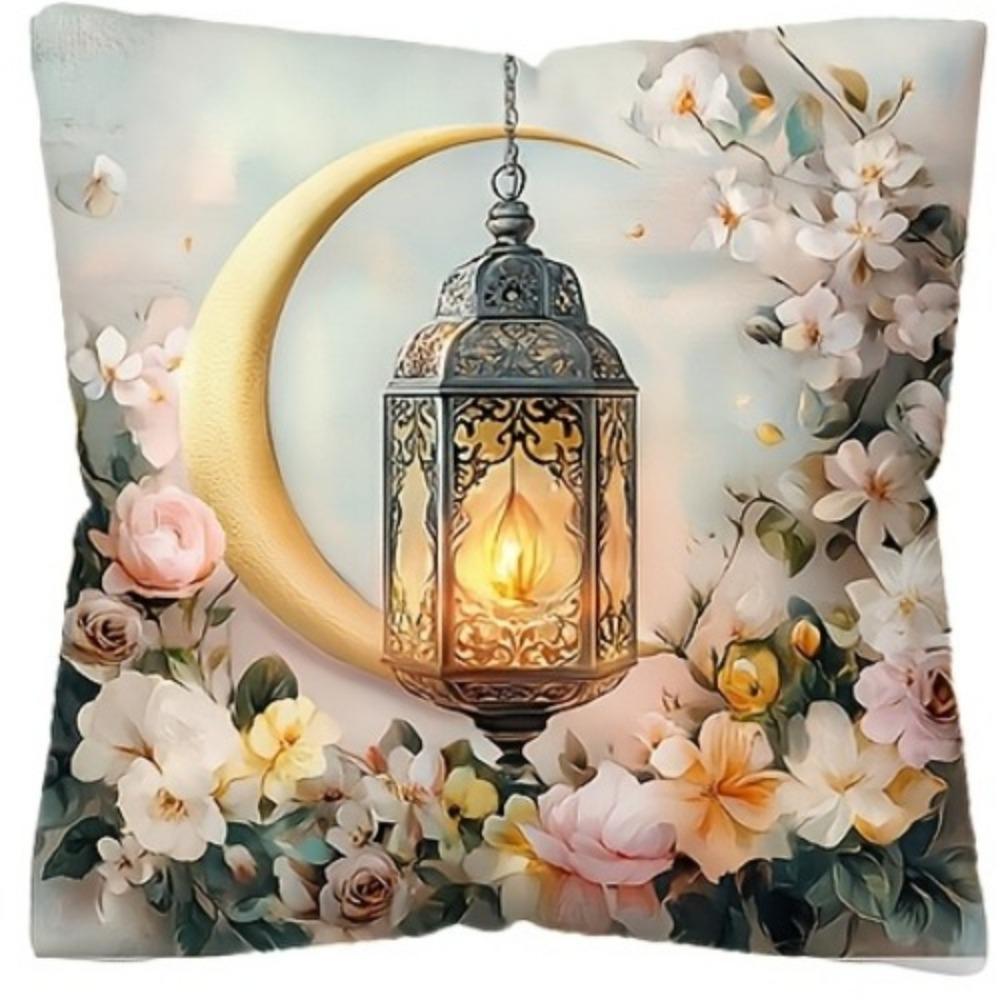 Ramadan Cushion Covers Lantern Floral Designs with Green Plants Printed Square Pillowcase Zipper Closure for Living Room Decor