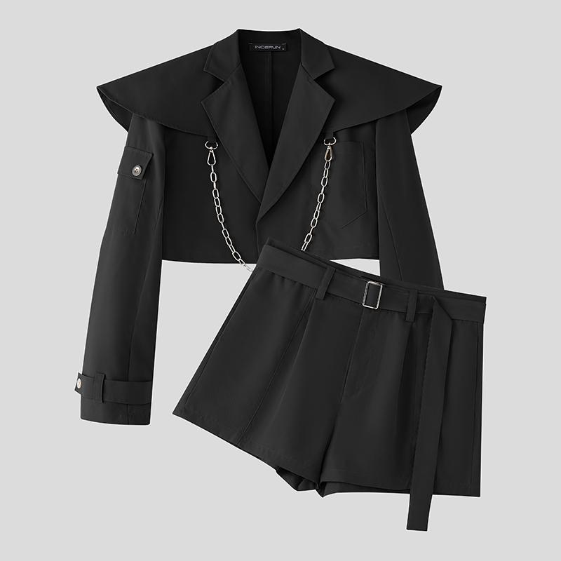 

INCERUN 2PCS Men Lapel Neck Long Sleeve Cropped Tops Pants Two Piece Suit Casual Outfits Sets S чёрный