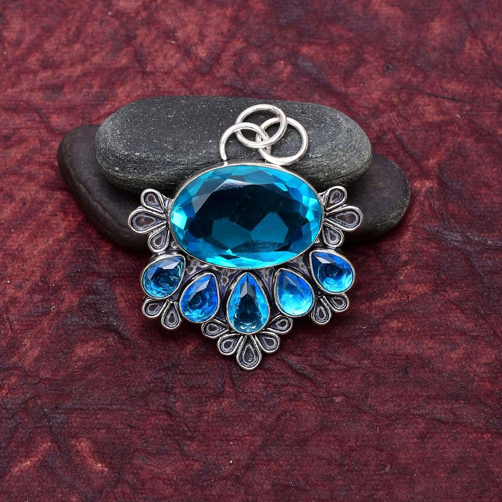 Awesome Blue Topaz Gemstone Pendant: 925 Sterling Silver Handmade Pendant Necklace Jewelry