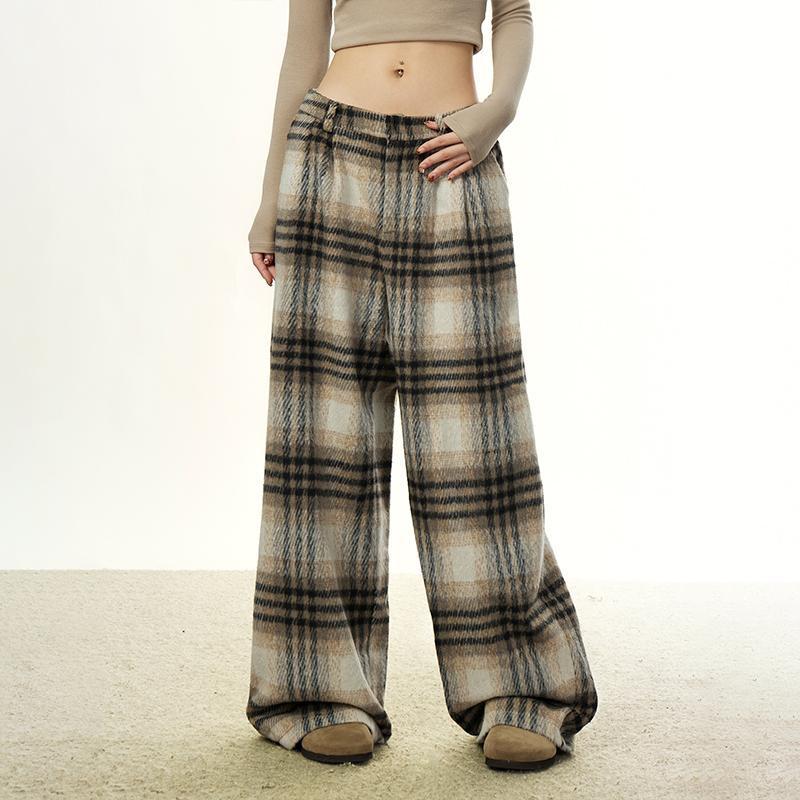 Women's Retro Plaid Wool Wide-Leg Pants - Loose, Versatile Design for Autumn/Winter