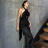 Women's Halter Neck Satin Maxi Dress Crisscross Cutout Elegant Party Evening Gown