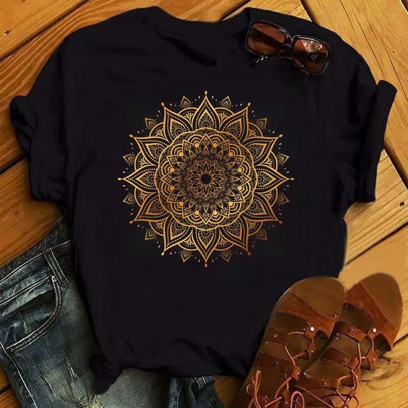 New Mandala Floral Printed T Shirt Women Casual Fashion T-shirt Loose Short Sleeve 90s Girls Aesthetics Black Tshirt Top