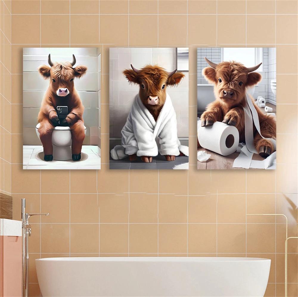 Bagno Mucca delle Highlands Scozzesi Pittura su Tela Decorazione Animali da Fattoria Stampe Umoristiche Stampa su Tela Fantasiosa Arte Decorazione WC Casa