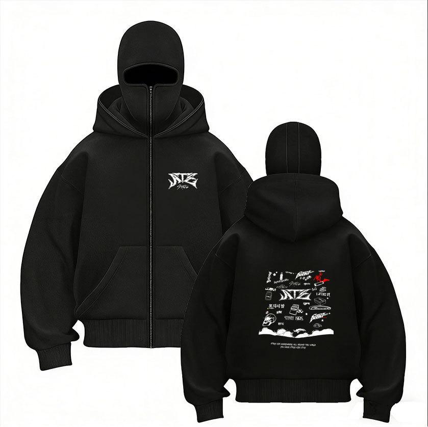 Stray Kids Skz Harajuku Printed Stray Kids Double Hood Zip-Up, Harajuku Print SKZ Hoodie for STAY Two-hat Zip-up Shirt for Men and Women