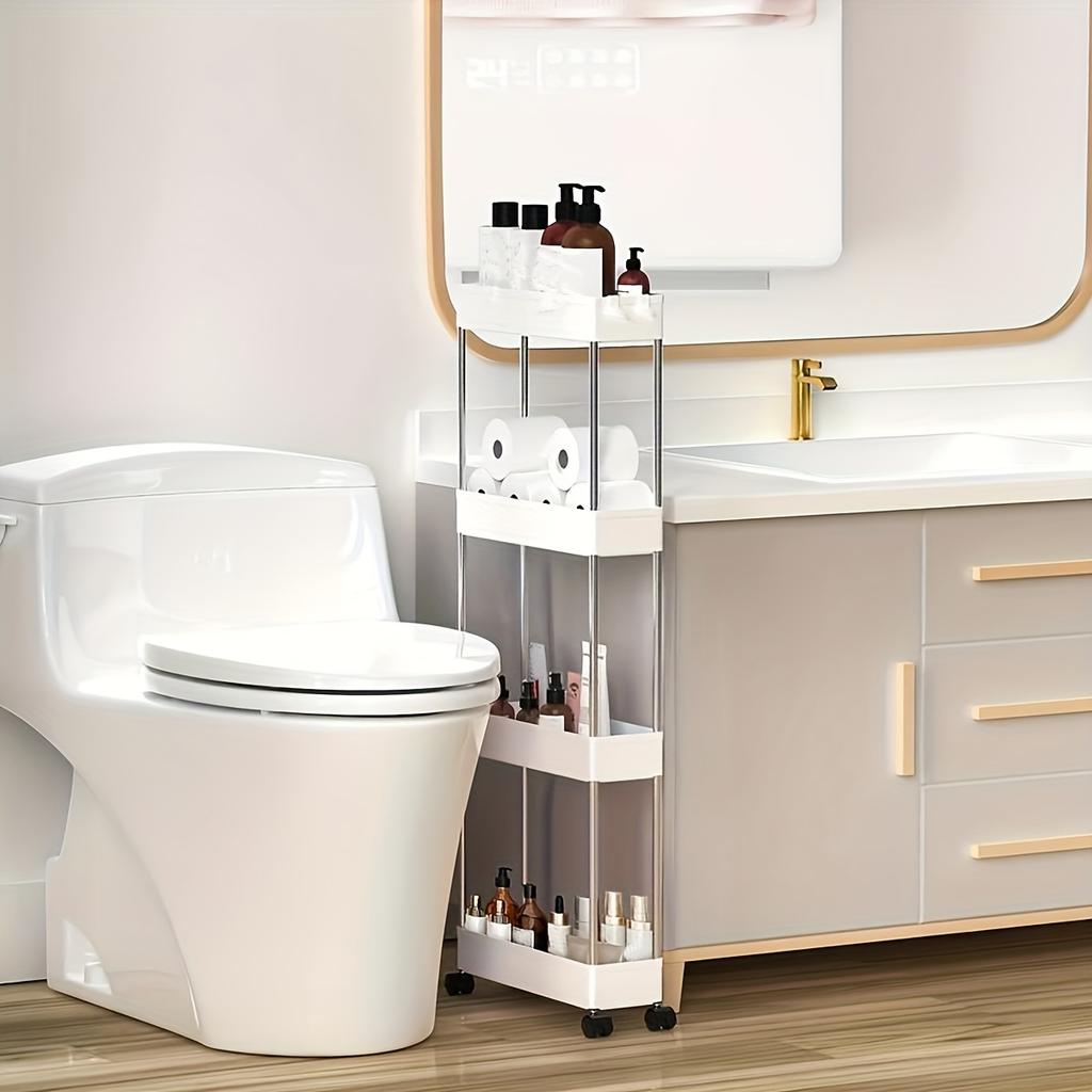 1pc 3/4 Tier Slim Storage Cart, Bathroom Rolling Utility Cart, Plastic Storage Rack With Wheels, Mobile Shelving Unit Organizer,