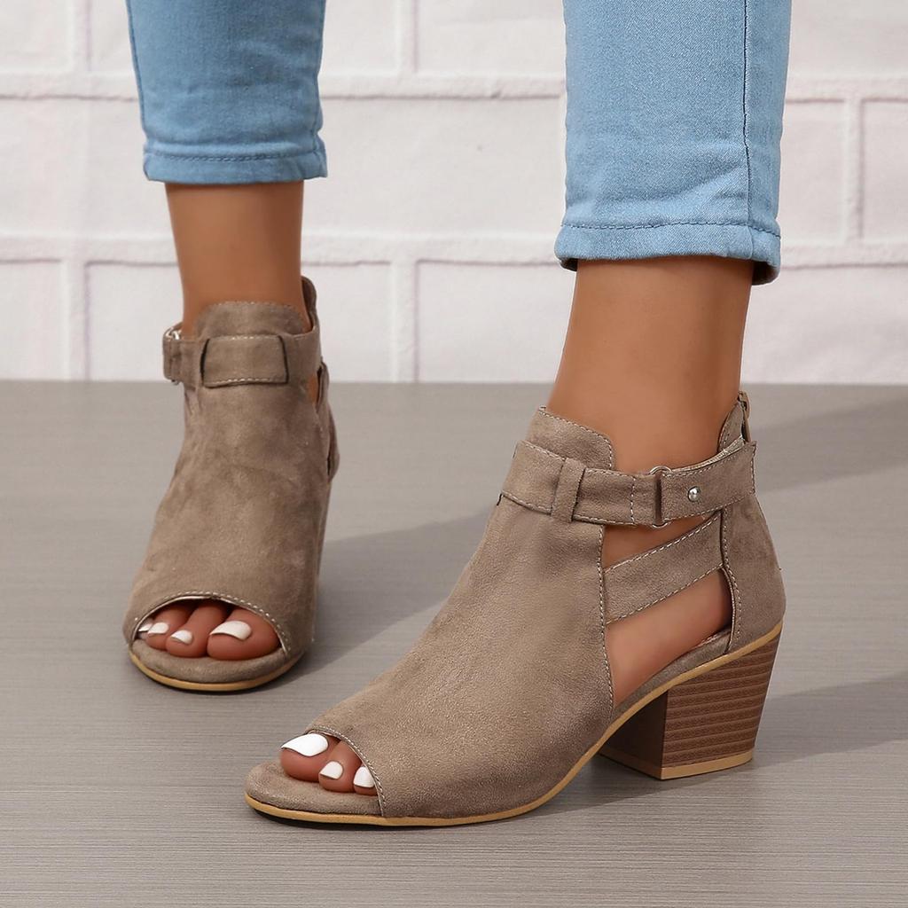 Womens Peep Toe Booties Chunky Heels Cutout Back Zipper Sandals Suede Side Strap Dress Sandals