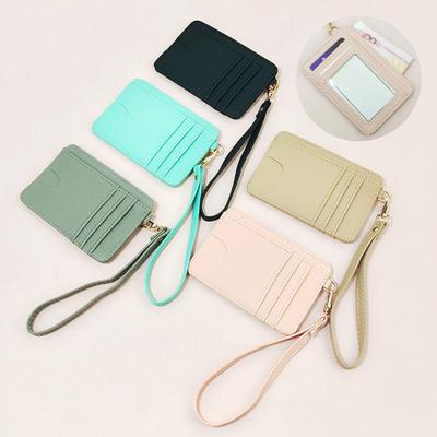 Card Holder Clear ID Window Multi-slots Hand Strap Color Portable Slim Solid Card Minimalist Credit Badge Wallet