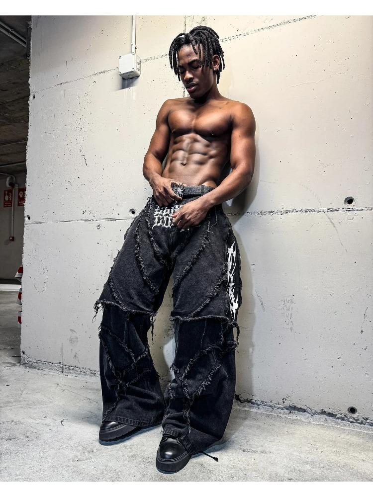 Fashion America Retro Street Zip Up Patchwork Baggy Jeans Men Y2k Stripe Embroidery Splicing Black Denim Pants Hip Hop Jeans