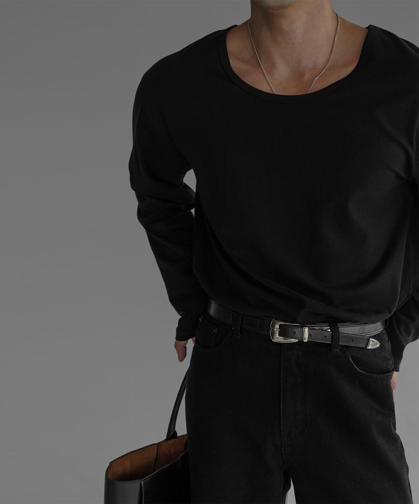 Baulopeulodeogteu Cotton U-Neck Long Sleeve T-Shirt [Black]