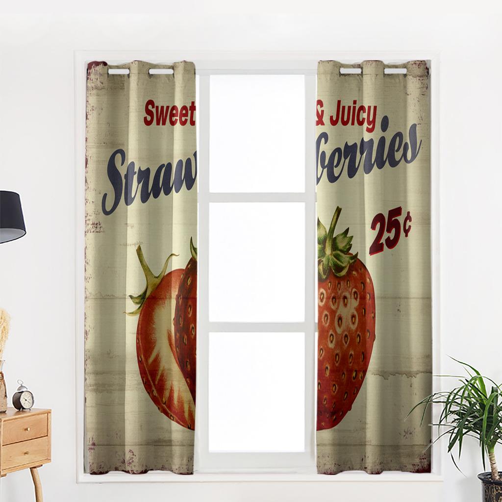 Rustikale Frucht Erdbeere Vintage Holzmaserung Fenster Vorhang Heimdeko Vorhänge für Wohnzimmer Schlafzimmer Küche Vorhangpaneel