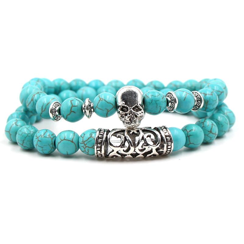 2PCS/Set Copper Color Buddha Head Lava Skeleton Turquoises Natural Stone Beads For Women Men Bracelet Set Charm Bangles