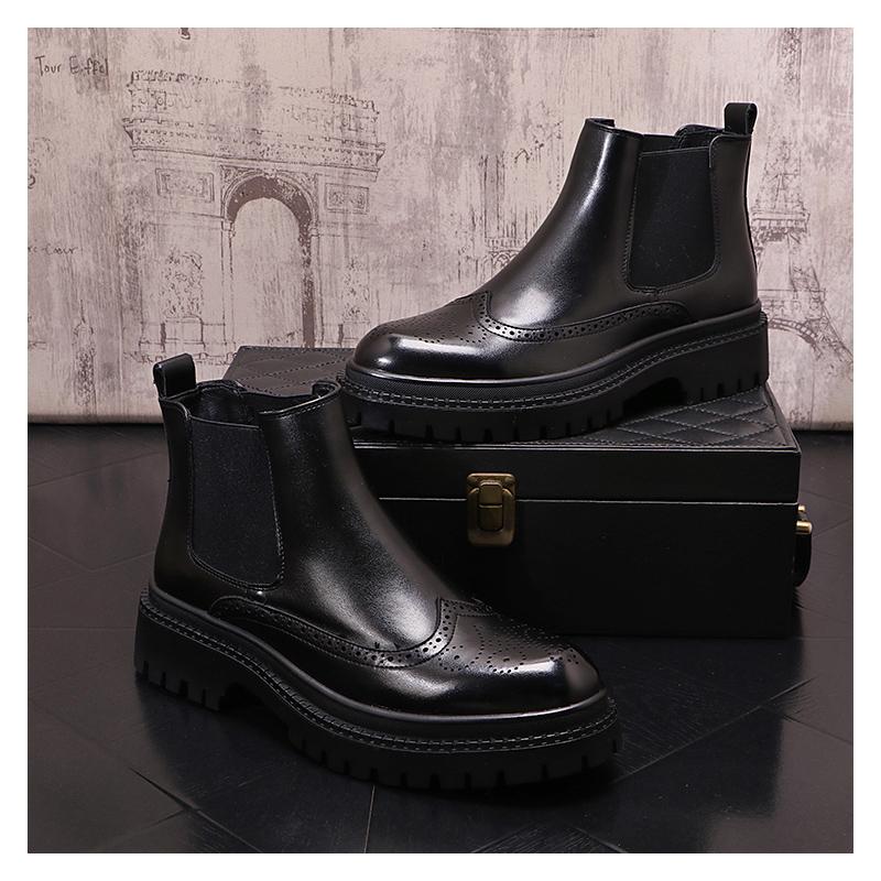 Fashion mens casual business wedding chelsea boots black trendy carving brogue shoes cowboy original leather boot autumn winter botas