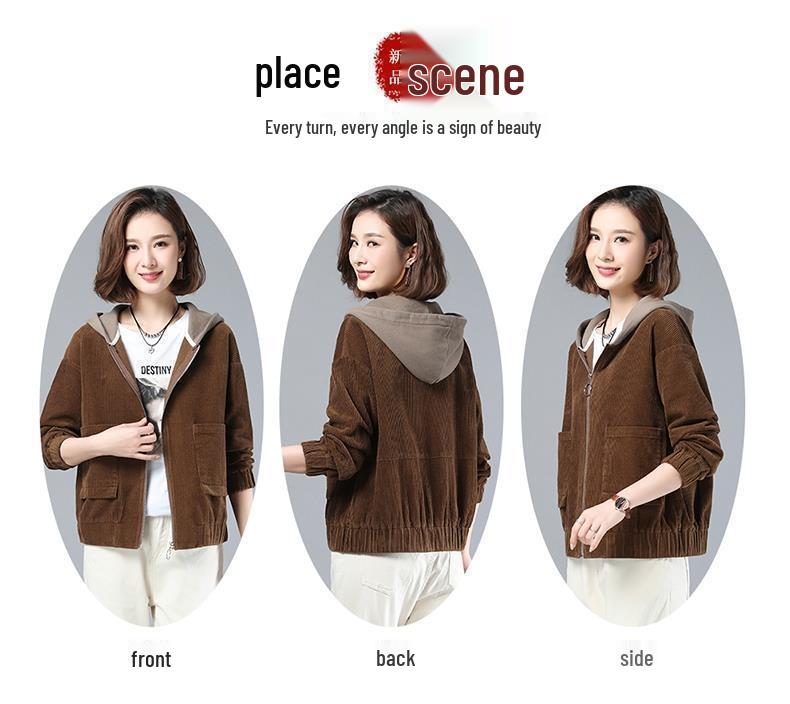 2024 Autumn Women's Plus Size Hooded Corduroy Jacket - Korean Style