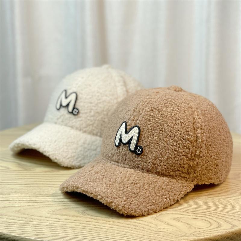 New M Embroidered Letter Hat for Women Autumn and Winter Lamb Velvet Baseball Cap Korean Version Ins Casual Thickened Warm Peaked Cap