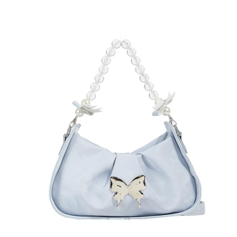 

Французька плісирована бісерна хмарна сумка, жіноча нова сумочка з бантом 2024 року, модна та солодка сумка через плече синій