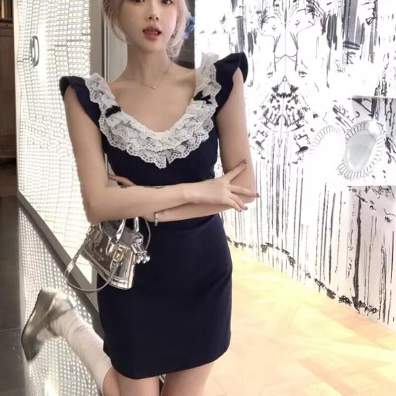 Xiaofei Sleeve Lace Splicing Waist A-shaped Skirt Vest Short Skirt Spice Girl Sexy and Thin Waist Summer Suspender A-shaped Skirt