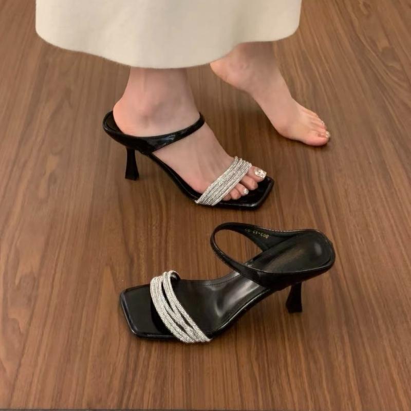 Fashion Luxury Fashion Rhinestones Women Thin Heels Pumps Slides Shoes Female Slip on Footwear Party Ladies High Heels Shoes Sandals