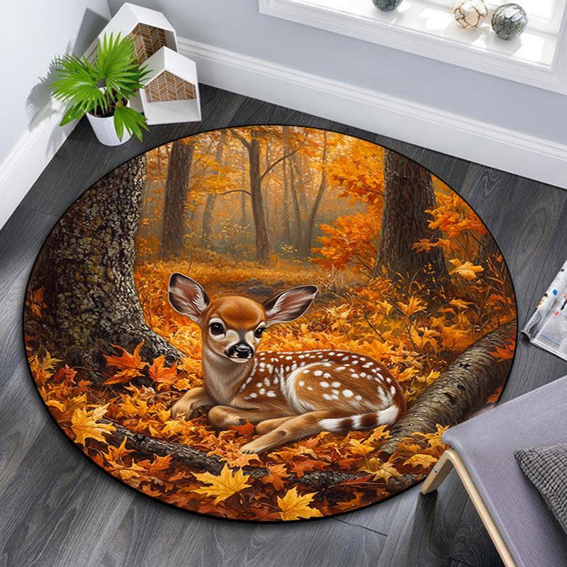 Autumnal Fawn Round Area Rug,Carpet Rug for Living Room Bedroom Sofa Playroom Decor,Non-slip Floor Mat