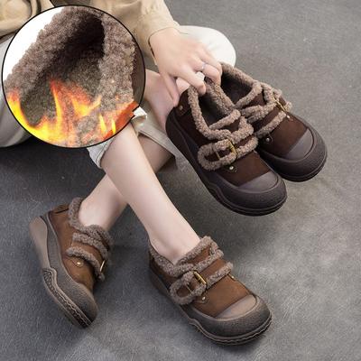 Plush Warm Retro Versatile Loafers Genuine Leather Casual Thick Soled Women's Flat Platform Shoes
