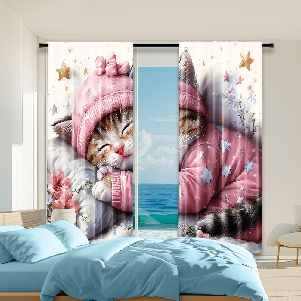 

Versatile Polyester Transparent Curtains Home Decoration Nightcap Kitten Use Bedrooms Living Rooms Set Of 2 Made Sitting Room Decor W100*H70(CM)-Grommet top&2PCS