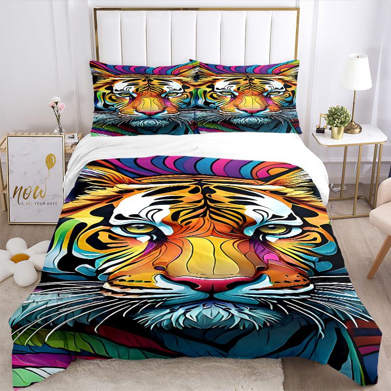 3pcs Tiger Print Duvet Cover Set, Cover For Bedroom Guest Room (1 Duvet Cover + 2 Pillowcase, Without Quilt),  Yy250922136