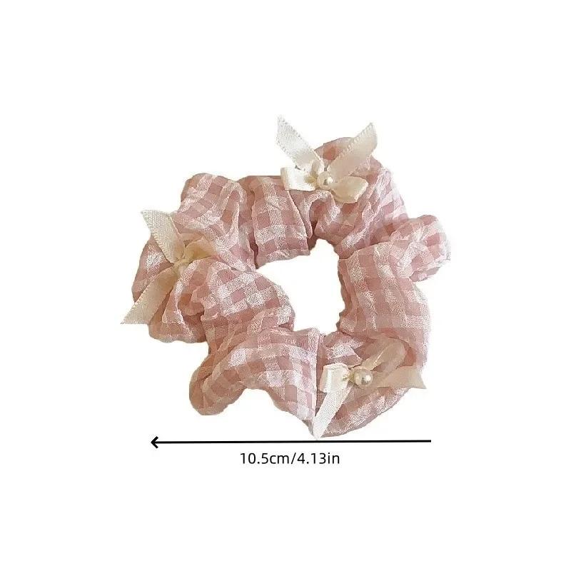 Pink Bow Sweet Satin Checkerboard Bow Hair Tie Women Ponytail Cute Hair Ring Fashion Hair Accessories