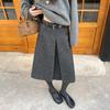 Deep Gray A-line Wool Midi Skirt - 2025 Autumn/Winter Stylish Slimming Midi with Split Design