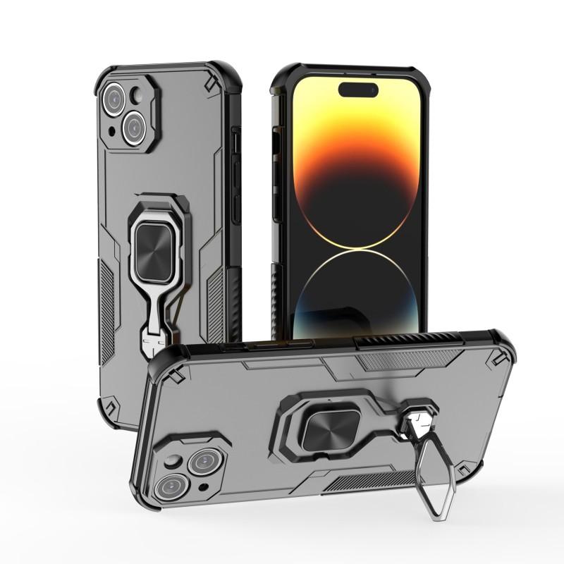 For iPhone 14 Phone Case WANLONFENG PC TPU Back Cover Kickstand with Tempered Glass