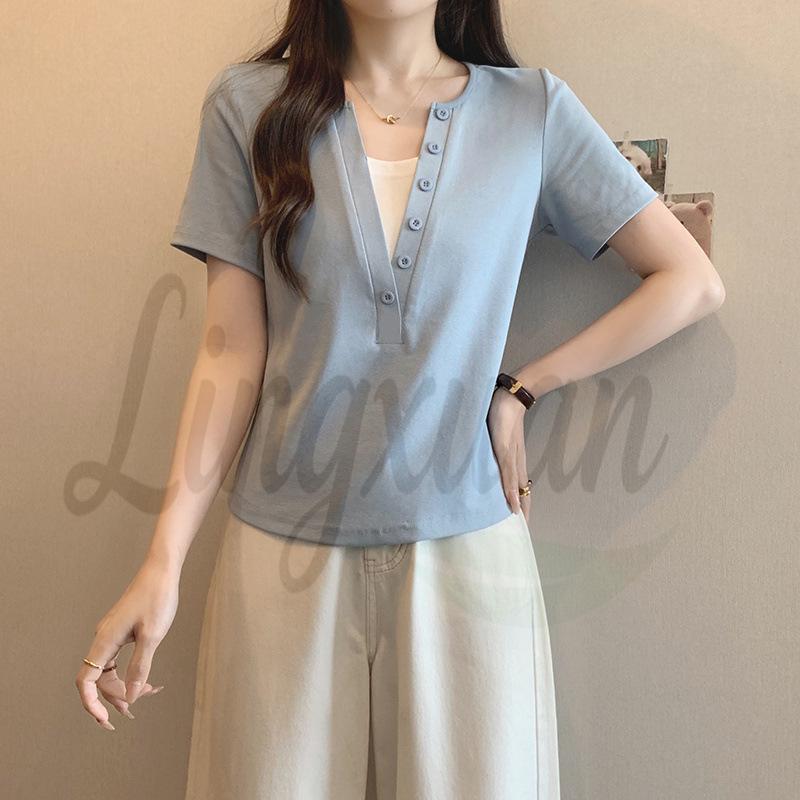 Summer 2026 Plus Size Women’s Korean Style Color Block Patchwork Short Sleeve T-shirt 2XL серый/синий