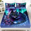 Wolf Couple Fitted Sheet Set Blue Purple Aurora Floral Print Bedding Set With Pillowcases For Bedroom Decor