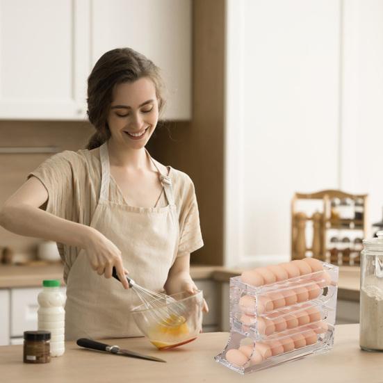 Cutie de depozitare pentru ouă pentru frigider, cu patru etaje, rulare automată, capacitate mare, care economisește spațiu, cu 30 de ouă, organizator pe partea frigiderului