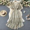 Women Summer Floral V Neck Long Dress High Waist Ruched A Line Short Sleeve