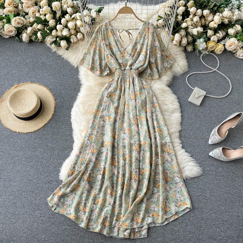 Women Summer Floral V Neck Long Dress High Waist Ruched A Line Short Sleeve