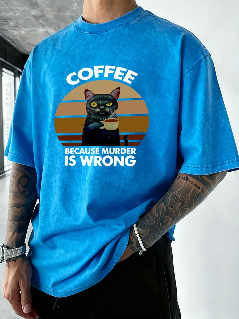 Cat Like Drink Coffee Printed Men Washed TShirt Cotton Summer T Shirts Vacation Oversized Streetwear Soft Casual Clothes