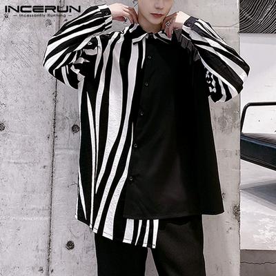 Incerun estilo coreano masculino manga longa zebra impresso botão para baixo camisa irregular retalhos blusa casual topos