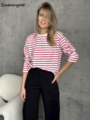 Sumuyoo 2024 Summer Long Sleeve Striped T-Shirts Women Basic Casual Tops Female Cozy Loose Cotton Tees Harajuku T Shirt New