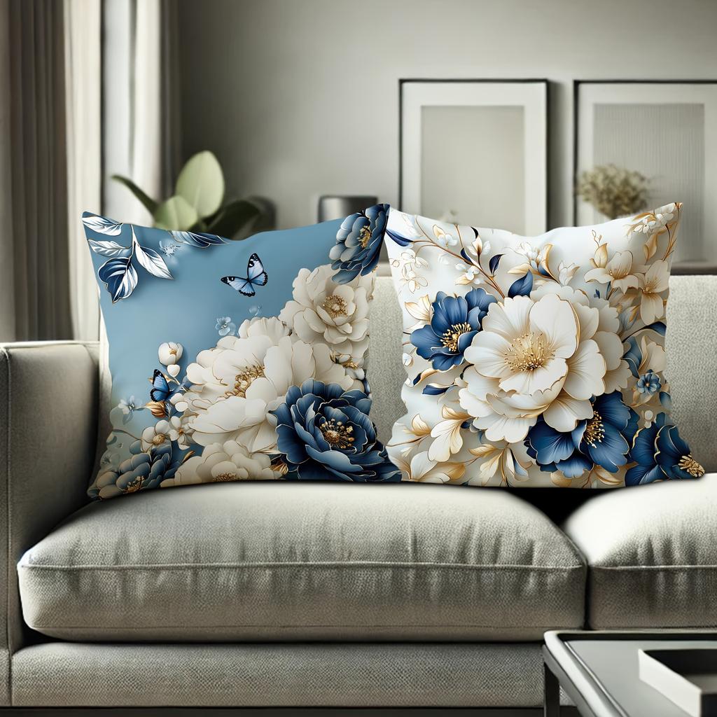 Blue White Gold Floral Light Luxury Pattern Home Decor Pillowcase Living Room Sofa Polyester Cushion Cover With Zipper