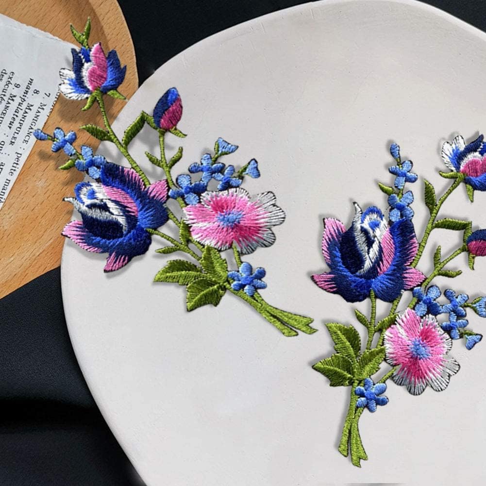 1 Pair Pink blue Roses Pair Flowers Floral Bouquet Boho Embroidered Appliques Iron-on Patches New