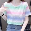 Women Summer Short Sleeve O Neck Gradient Color Letter Printed Fashion Cotton T Shirt Top