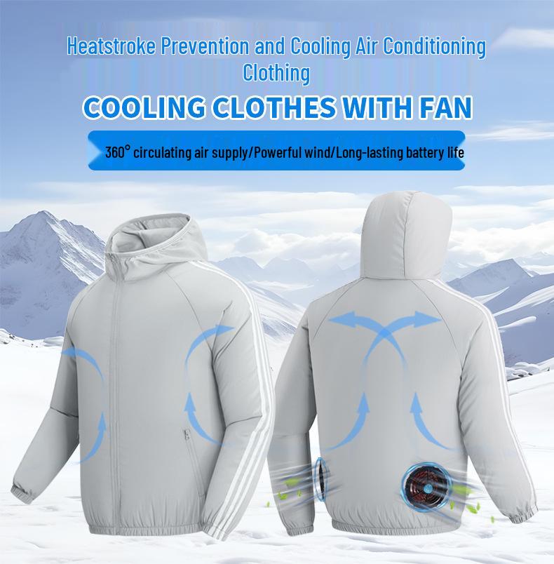 Paar Kapuzen-Sonnenschutz-Kühljacke mit Ventilator zur Vorbeugung von Hitzschlag im Freien