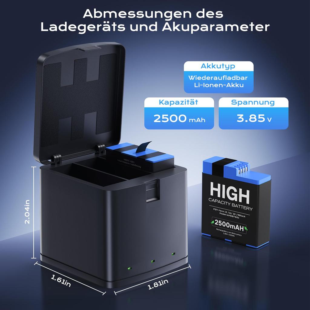 2-Pack 2500mAh Battery Set for GoPro Hero 12, Hero 9/10/11/12 Compatible, with 3-Port USB-C Fast Charging Charger.