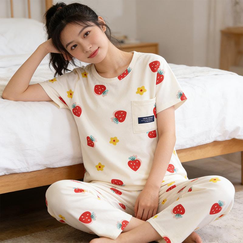 Summer Sweet Women's Pajamas Small Fresh Flowers Strawberry Short-sleeved Trousers Set Loose and Can Be Worn Outside Loungewear