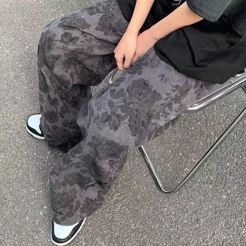 Unisex Corduroy Retro Wide-Leg Printed Pants