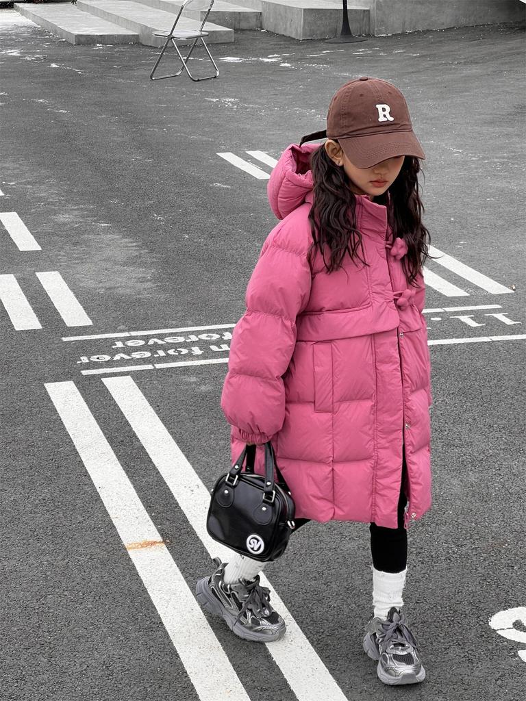 2025 Winter Girls' Warm Mid-Length Solid 90% White Duck Down Puffer Jacket