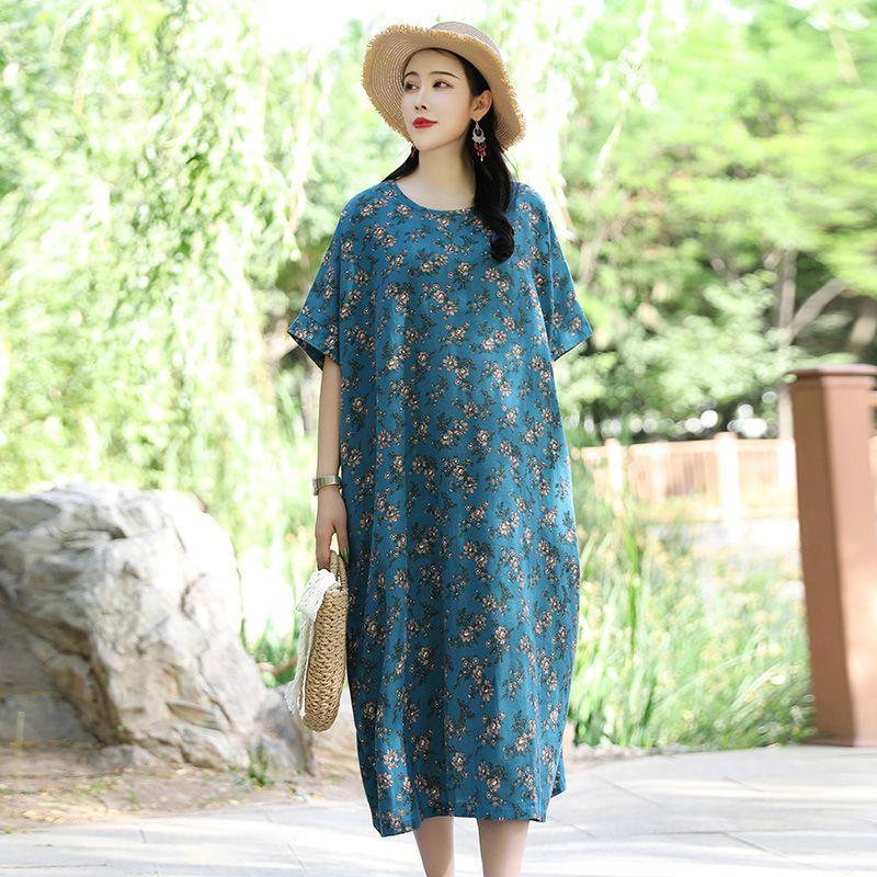 Blumendruck Kleid Damen Sommer Casual O-Ausschnitt Kurzarm Langes Kleid Böhmisches Strand Sommerkleid Vestidos